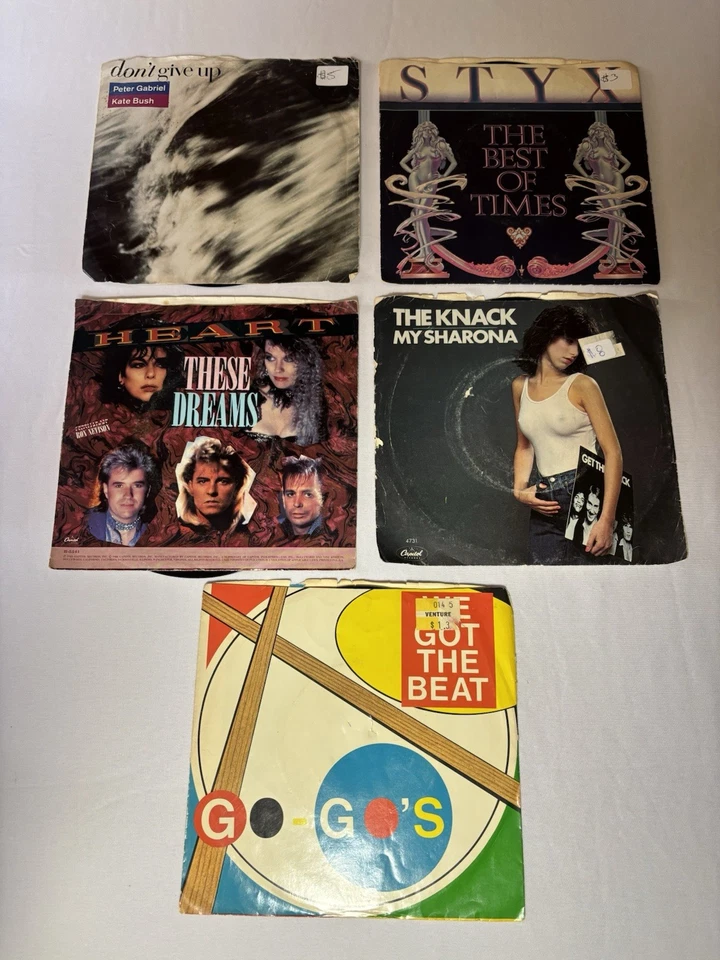 7" 45 RPM Lot 8 (80's Pic Sleeves): Knack, Go Go's, Heart, Gabriel/Bush, STYX - Image 1 of 1