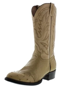 Mens Western Leather Boot Sand Ostrich Belly Skin Rodeo Round Size 6-7, 11.5, 13 - Picture 1 of 5