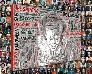 Mosaico stampa word art film horror progettato utilizzando titoli di film horror. - Foto 1 di 10