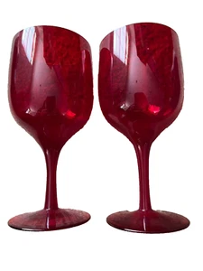 Vintage Set of 2 Red Goblet Thin Stemmed Hand Blown Wine Glasses - Picture 1 of 3