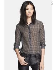 The Kooples Womens XS Houndstooth Print Blouse Button Down Top Sheer Long Sleeve