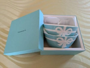 TIFFANY & CO Bone China Blue Bow Ribbon Bowls 2pc Set Pair Tableware w/box Japan - Picture 1 of 5