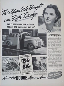 1939 Vintage Dodge automobile print ad, Bettie Ross Tacoma Washington  - Picture 1 of 1