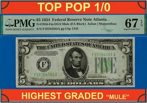 Top Pop 1/0 1934 $5 Federal Reserve Note PMG 67EPQ gem Atlanta Mule Fr 1956-Fm - Picture 1 of 4