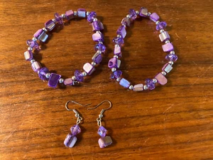 Set Of 4 Purple Beads Amethyst Fashion Jewelry Bracelet Earrings Handmade stone - Picture 1 of 11
