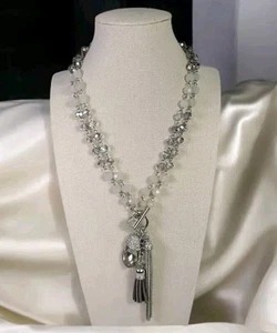 WHBM Smokey Crystal Convertible Toggle Necklace Sparkling Tassels Silver Tone - Picture 1 of 9