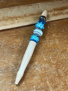 Handmade Wood Ink Writing Pen w Aqua Blue & White Fused Art Glass Beads - 6 inch - Picture 1 of 7