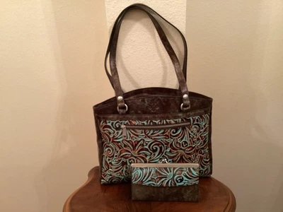 NWT Patricia Nash Leather Bag Tooled Turquoise Poppy Tote Shoulder Bag  & Wallet - Image 1 of 4