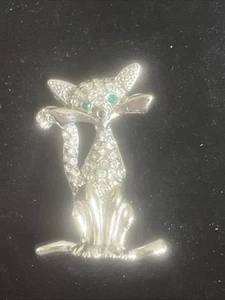 Silver Fox Pin Antique Brooch Vintage Jewelry Retro Rhinestone - Afbeelding 1 van 6
