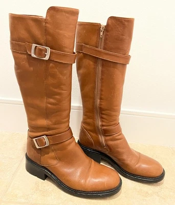 Stephane Kelian Paris Tall Carmel Brown Leather Buckle Boots Size 8.5 Dustbag - Image 1 of 4