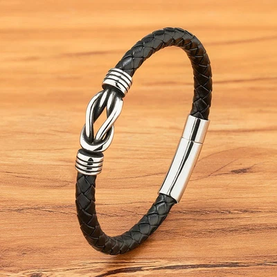Pulseira de couro tecido de aço inoxidável fecho alternado ajustável joias masculinas - Imagem 1 de 4