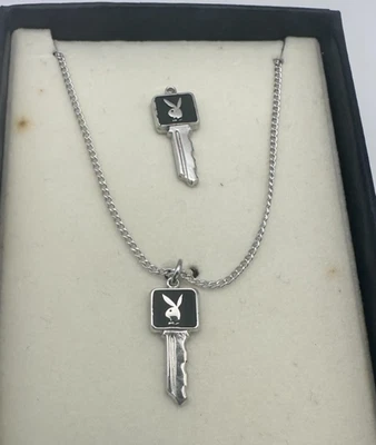 Rare Vintage Playboy Bunny Key Necklace & Tie Pin Set - New in Box - Silver - Image 1 of 4