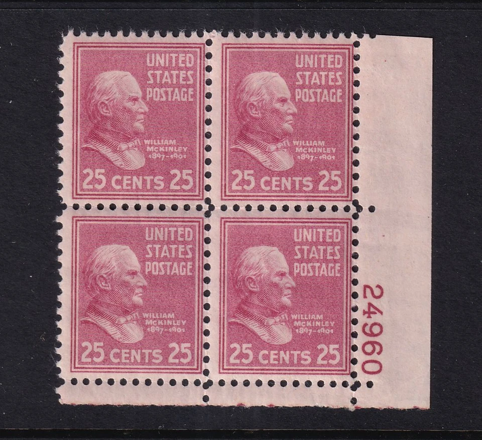 1938 PREXY William McKinley 25c Sc 829 MNH plate block OF 4 (CE - Image 1 of 1