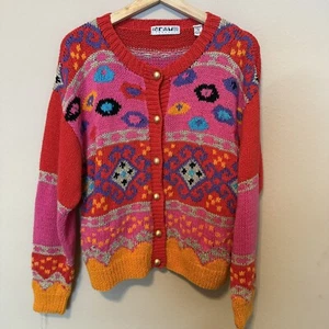 Vintage 80s Bravo Handknits Cardigan Women’s Bright Geometric Cotton Ramie Knit - Picture 1 of 9