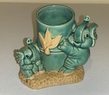 Ceramic LUCKY ELEPHANTS Green Planter / Candle Holder Mother with Baby 4.25" EUC