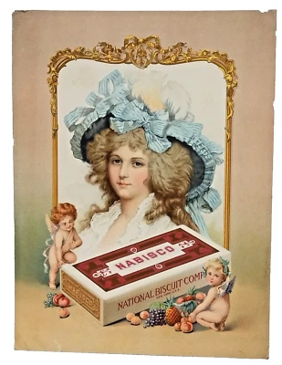 Vtg 1902 Nabisco Advertising Ad Art Trade Card Victorian Hat Lady W/Churubs 10X7 - Image 1 of 4