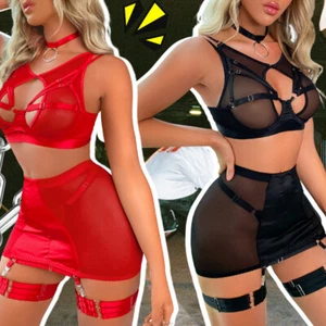 Womens Sexy Lingerie Set Mesh Lace Skirt with Garter Exotic Lingerie Set Choker - Picture 1 of 42