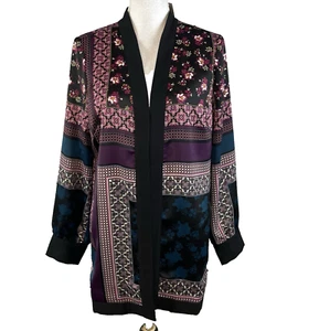 Chico's Duster Jacket size 4 6 0 Teal Purple Floral Bohemian Lagenlook Oversized - Picture 1 of 11