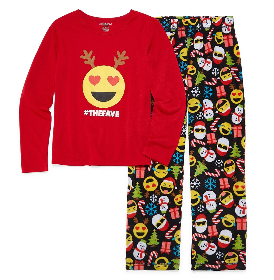 NWT Girls Emoji Reindeer Christmas Pajamas Size 7-8 Winter Fleece Pants 6x Small - Image 1 of 1