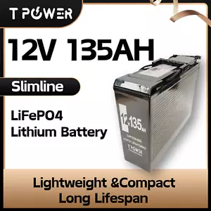 Tpower 12V 135Ah Lithium Slimline Battery LiFePO4 Iron Phosphate Camping 4WD - Picture 1 of 4