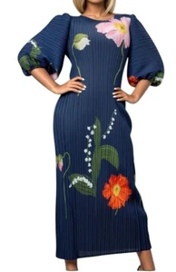 N By Nancy Navy Blue Accordion Pleated Midi Floral Dress Puff Sleeves Size Large - Picture 1 of 6