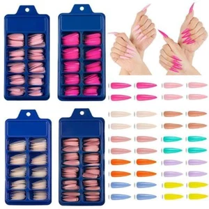 100 Pcs False Nail Tips Matte Full Cover Long Stiletto Fake Nails Art Manicure - Picture 1 of 35