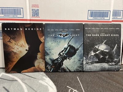 Batman Begins, The Dark Knight, The Dark Night Rises, 3 Steelbook Blu-ray Lot - Image 1 of 4