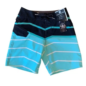 VOLCOM Striped Board Shorts Boys 10 Slim 23 NEW Swim Trunks NWT Blue Mod-Tech - Picture 1 of 7