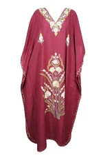 Maroon Colored Flowy Embroidery Maxi Kaftan Loose Holiday Housedress Caftan 4XL
