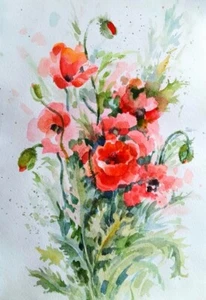 Poppies Flowers bouquet modern watercolor by the artist 29х20cm 11,5х8" - Picture 1 of 1