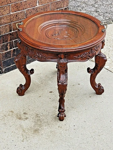 French Antique Wood carved Ornate nude lady round accent table with serving tray Cover