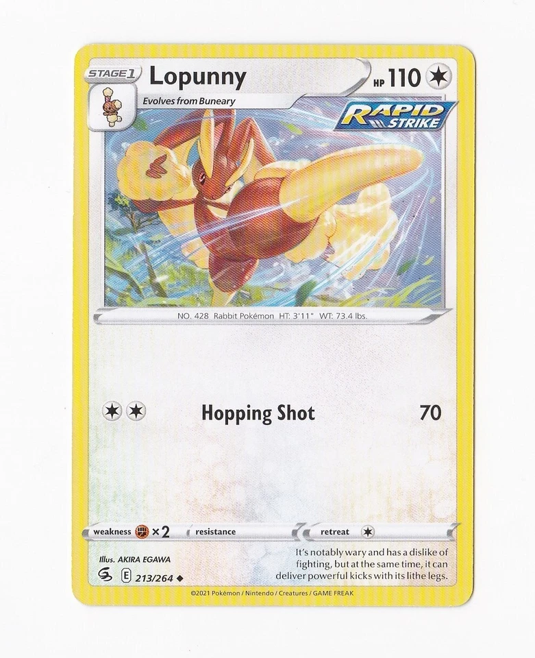 2021 Pokémon Stage 1 LOPUNNY HP 110 213/264 Evolves from Buneary Rapid Strike - Image 1 of 1