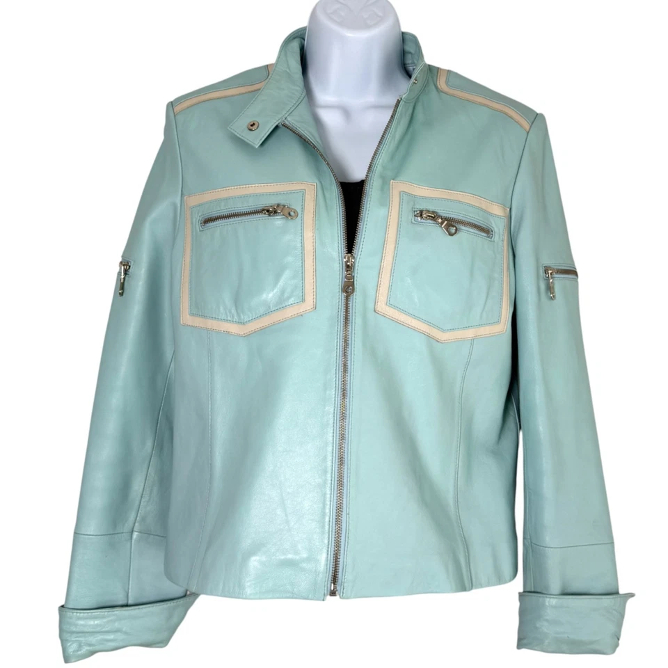 Chaqueta de Cuero Pamela McCoy Moto Racing Estilo Azul Claro Talla S Y2K Edgy Retro Foto 1 de 4
