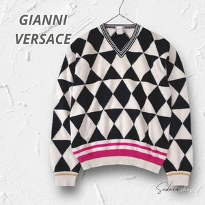 Suéter Gianni Versace Hecho en Italia Manga Larga Patrón Diamante Tejido Blanco - Imagen 1 de 24