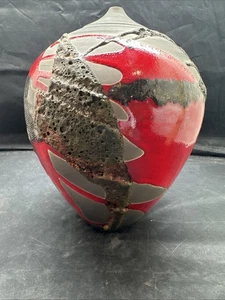Signierte Vintage 2006 Alex Long Raku hellrote Glasur Kupfer Lava Keramik Vase - Bild 1 von 7