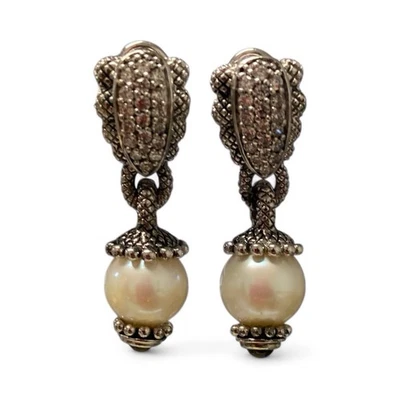 QVC Judith Ripka Sterling Silver 925  Pearl Garnet & CZ Dangle Clip On Earrings - Image 1 of 3