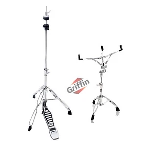 GRIFFIN 2-PACK Snare Stand & Hi-Hat Pedal | Drum Hardware Pull Chain Chrome Set - Picture 1 of 11