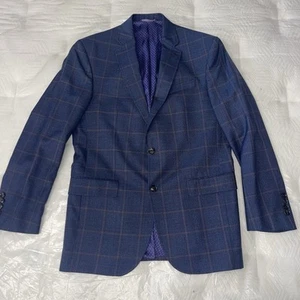 Ted Baker Tweed Sport Coat Jacket Men's 38R Navy Blue Wool Brown Check Plaid. - Picture 1 of 14
