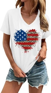 Womens American Flag Shirt Patriotic Heart Tshirt 4th of July Tops USA Stars ... - Picture 1 of 7