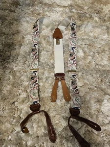 Trafalgar Men’s Suspenders Braces Baseball Print Silk with Leather Tabs Vintage  - Picture 1 of 6