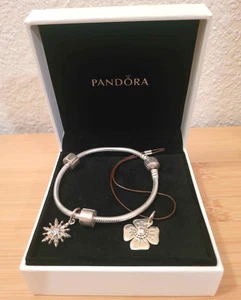 Bracciale Pandora 7" Autentico Argento Sterling Due Charms Starburst, Trifoglio - Foto 1 di 3