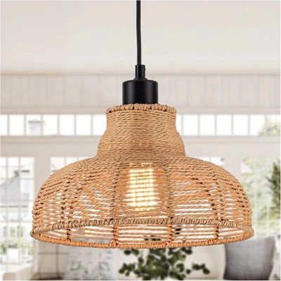 Boho Hand Woven Rattan Pendant Light Fixture Vintage Farmhouse 10.82” Bamboo Rat - Image 1 of 4