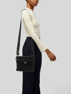 PRADA Tessuto Nylon Saffiano Flat Messenger Bag Black 1578380 w Receipt Gift Bag - Picture 1 of 21