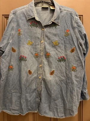 Camisa Denim Talla 26/28 De Colección Gloria Desteñida Otoño Bordada Hojas Hoja Abotonada Foto 1 de 4