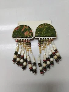 Beautiful Chunky Vintage Stone And Hand Beaded Clip On Earrings - Picture 1 of 2
