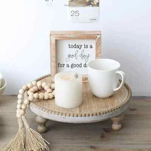 Rustic Round Wood Tray Riser Farmhouse Pedestal Stand With Beaded Edge For Decor - Picture 1 of 6