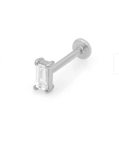 Push-In Stud Baguette Emerald Natural Diamond 14K Gold 18G Labret Ear Stud - Picture 1 of 5