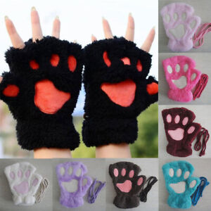 Winter Faux Fur Fingerless Gloves Women Wrist Hand Soft Paw Claw Warm Mittens 