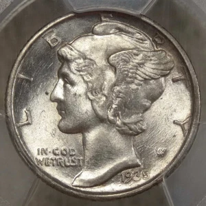 Moneda de diez centavos Mercury 1935-D, elección sin circular graduación profesional MS-64FB, me parece PQ - Imagen 1 de 6