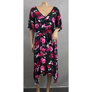 Torrid Dress Women 3 3X Flutter Sleeve Midi Black Floral Gauzy Handkerchief Hem - Picture 1 of 10